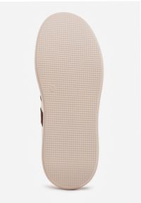 Renee - Beżowe Sneakersy na Platformie ze Skóry Naturalnej Ozdobione Paskami Sovimi. Okazja: na co dzień. Zapięcie: pasek. Kolor: beżowy. Materiał: skóra. Wzór: aplikacja. Obcas: na platformie #8