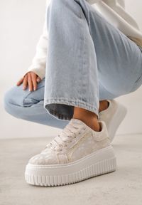 Born2be - Beżowe Sneakersy na Grubej Podeszwie Zdobione Koronką i Brokatem Relfi. Okazja: na spacer, na co dzień. Kolor: beżowy. Materiał: koronka. Wzór: aplikacja, koronka. Sport: turystyka piesza #6