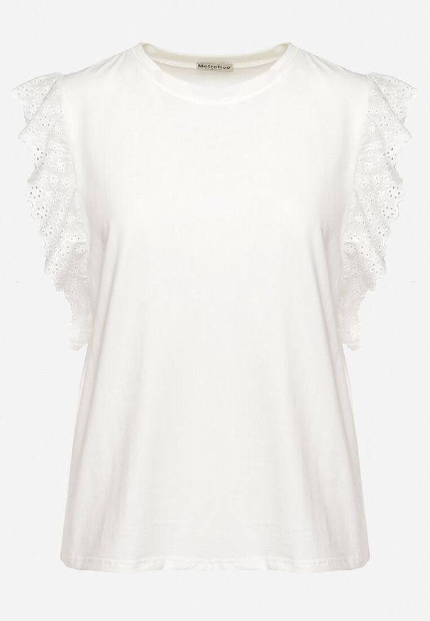 Born2be - Biały Bawełniany Top z Falbanką przy Rękawach Tiavanna. Typ kołnierza: kołnierz z falbankami. Kolekcja: plus size. Kolor: biały. Materiał: bawełna. Styl: elegancki