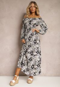 Renee - Beżowo-Czarna Wiskozowa Sukienka Boho z Gumką w Talii o Rozkloszowanym Kroju Kiorina. Kolor: beżowy. Materiał: wiskoza. Styl: boho #5