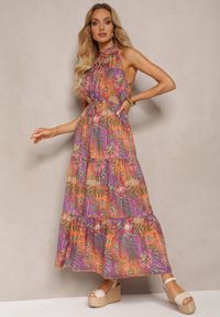 Renee - Pomarańczowo-Różowa Sukienka w Stylu Boho z Gumką w Talii i Ozdobnym Wiązaniem Piofara. Kolor: pomarańczowy. Materiał: tkanina. Sezon: lato. Styl: boho #5