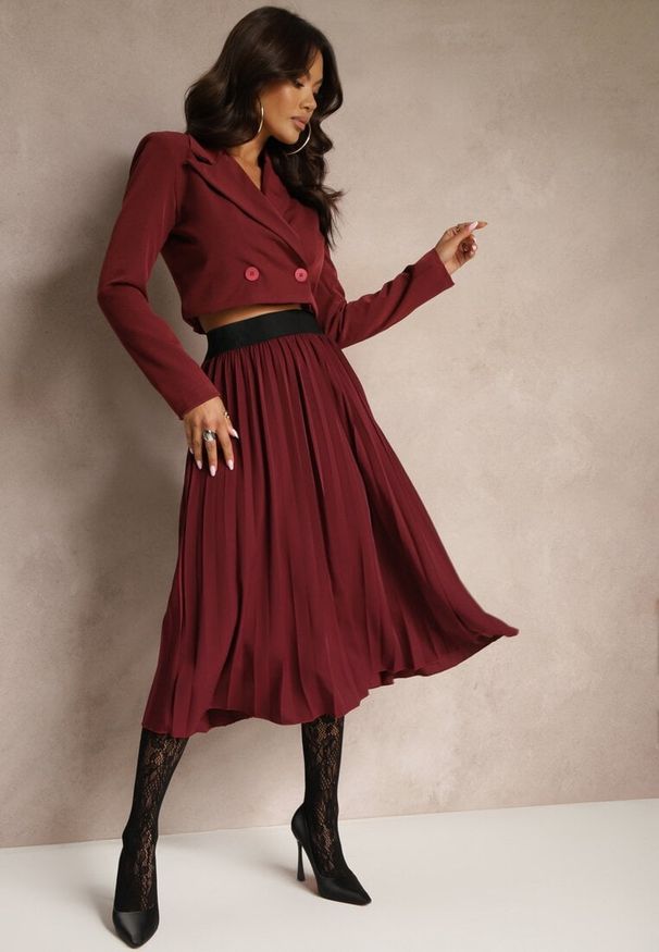 Renee - Bordowa Casualowa Spódnica Plisowana z Gumką w Pasie Velentina. Okazja: na co dzień. Kolor: czerwony. Materiał: koronka. Styl: casual