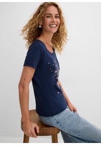 bonprix - Shirt z przędzy mieszankowej, krótki rękaw. Kolor: niebieski. Długość rękawa: krótki rękaw. Długość: krótkie. Wzór: nadruk #3