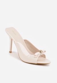 Renee - Beżowe Klapki Lakierowane na Szpilce VICES z Kokardą Daemnila. Okazja: na imprezę. Kolor: beżowy. Materiał: lakier. Sezon: lato. Obcas: na szpilce. Styl: elegancki #9