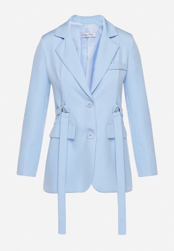 Born2be - Niebieska Marynarka Jednorzędowa z Ozdobnym Paskiem i Klapami Orianella. Okazja: na spotkanie biznesowe, do pracy. Kolor: niebieski. Materiał: jeans. Styl: biznesowy, elegancki