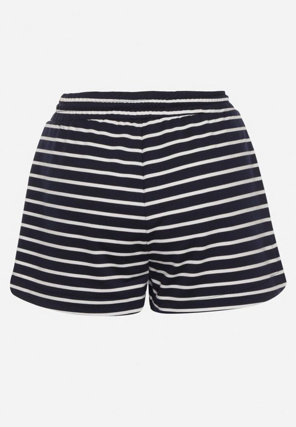 Born2be - Granatowe Dresowe Bawełniane Szorty z Wysokim Stanem w Paski Wykończone Troczkami Barisea. Okazja: na co dzień. Stan: podwyższony. Kolor: niebieski. Materiał: dresówka, bawełna. Wzór: paski. Sezon: lato. Styl: klasyczny, casual, elegancki