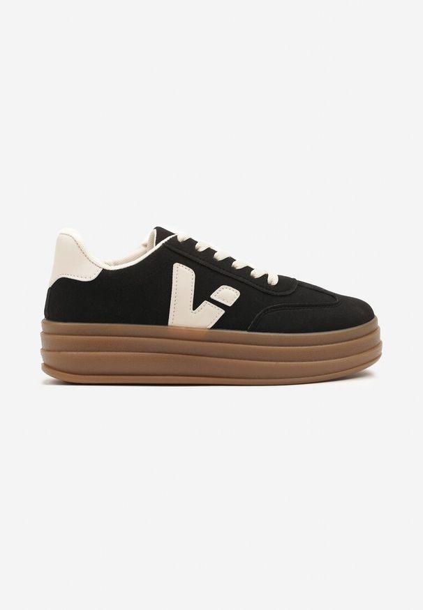 Renee - Czarne Sneakersy na Kauczukowej Podeszwie Ellirielle. Okazja: na co dzień. Zapięcie: sznurówki. Kolor: czarny. Materiał: kauczuk