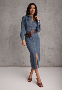 Renee - Niebieska Taliowana Sukienka Jeansowa o Koszulowym Fasonie Nezavia. Kolor: niebieski. Materiał: jeans. Typ sukienki: koszulowe. Styl: elegancki. Długość: midi #2