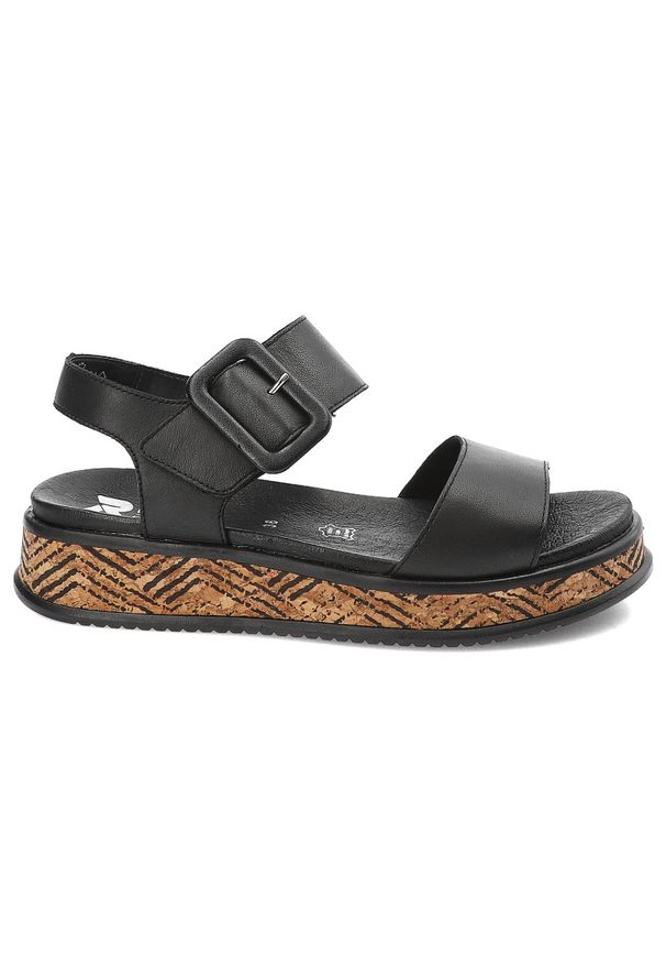 Czarne Sandały Rieker Modne Obuwie Damskie. Zapięcie: klamry. Kolor: czarny. Wzór: motyw zwierzęcy. Sezon: lato. Styl: elegancki