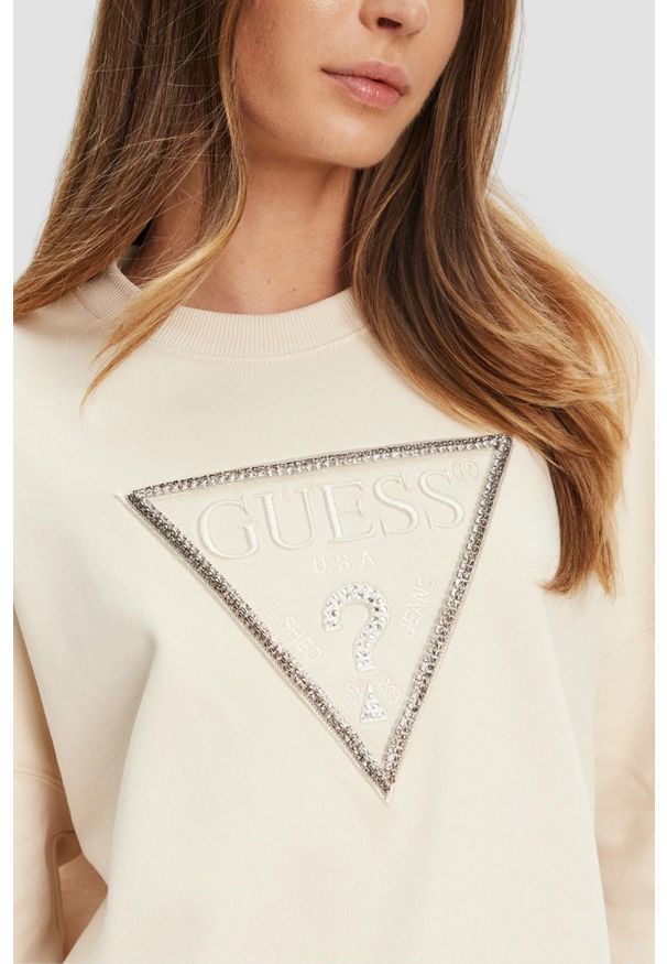 Guess - GUESS Beżowa damska bluza z cyrkoniami Rachele. Kolor: beżowy