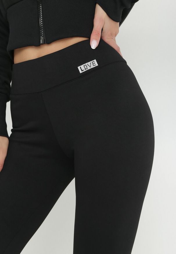 Born2be - Czarne Legginsy z Gumką w Pasie Agathousa. Stan: podwyższony. Kolor: czarny. Materiał: wełna, dzianina, polar. Długość: długie. Wzór: aplikacja, jednolity