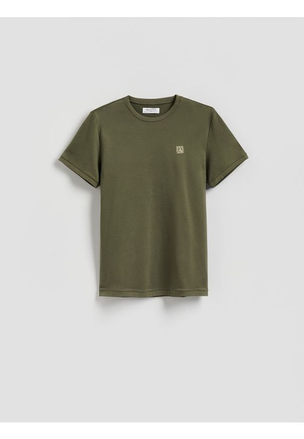 Reserved - T-shirt slim fit z haftem - oliwkowy. Kolor: oliwkowy. Materiał: bawełna, dzianina. Wzór: haft
