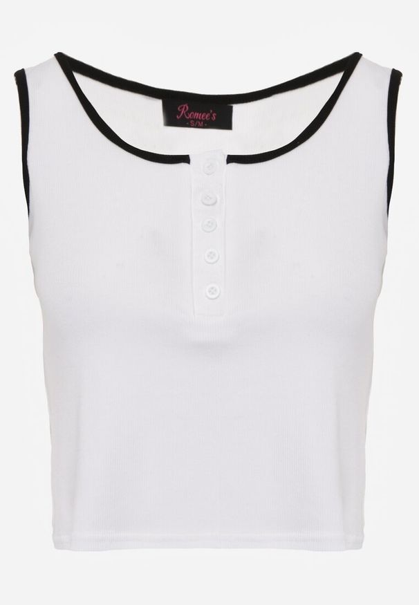 Renee - Biały Prążkowany Top z Bawełny Ozdobiony Guzikami przy Dekolcie Beralissa. Okazja: na co dzień. Kolor: biały. Materiał: prążkowany, bawełna. Wzór: aplikacja. Styl: casual