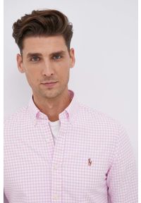 Polo Ralph Lauren Koszula bawełniana męska kolor różowy slim z kołnierzykiem button-down. Typ kołnierza: polo, button down. Kolor: różowy. Materiał: bawełna. Długość rękawa: długi rękaw. Długość: długie. Wzór: aplikacja #1