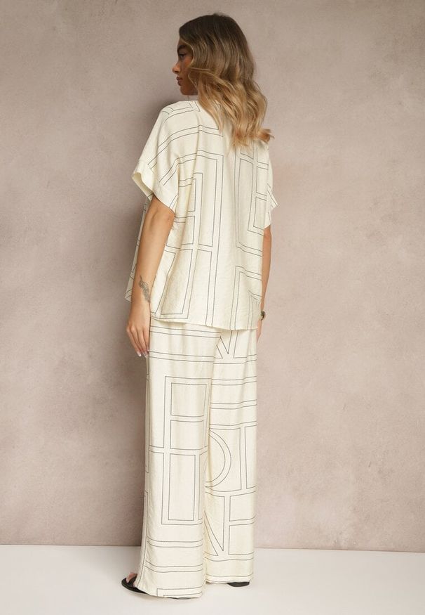 Renee - Jasnobeżowy Komplet z Wiskozą i Lnem Spodnie i Koszula z Geometrycznym Motywem Fevalette. Kolor: beżowy. Materiał: wiskoza, len. Wzór: geometria