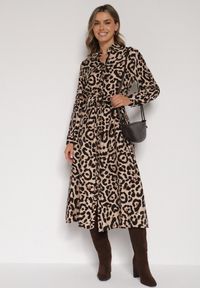Born2be - Panterkowa Koszulowa Sukienka z Wiskozą w Panterkę z Wiązanym Paskiem Assava. Okazja: do pracy, na spotkanie biznesowe. Materiał: wiskoza. Wzór: motyw zwierzęcy. Typ sukienki: koszulowe. Styl: biznesowy, klasyczny, elegancki #4