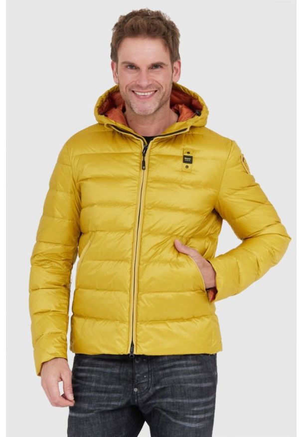 Blauer USA - BLAUER Żółta męska puchowa kurtka Sergio z kapturem, Rozmiar XL. Typ kołnierza: kaptur. Kolor: żółty. Materiał: puch