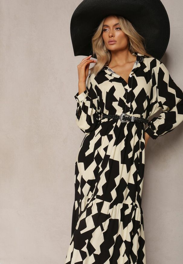 Renee - Beżowo-Czarna Koszulowa Sukienka Maxi w Geometryczny Wzór Qerida. Okazja: na co dzień. Kolor: czarny. Długość rękawa: krótki rękaw. Wzór: geometria. Typ sukienki: koszulowe. Styl: casual. Długość: maxi