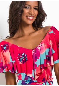 bonprix - Długa sukienka z falbaną i paskiem. Kolor: niebieski. Materiał: jersey. Długość: maxi #3