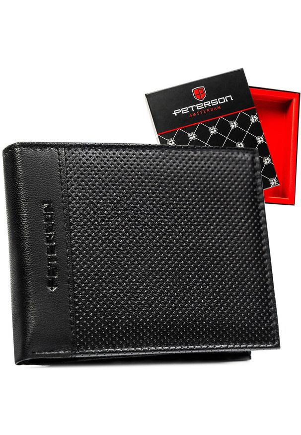 Duży, skórzany portfel męski w czarnym kolorze bez zapięcia zewnętrznego - Peterson. Kolor: czarny. Materiał: skóra