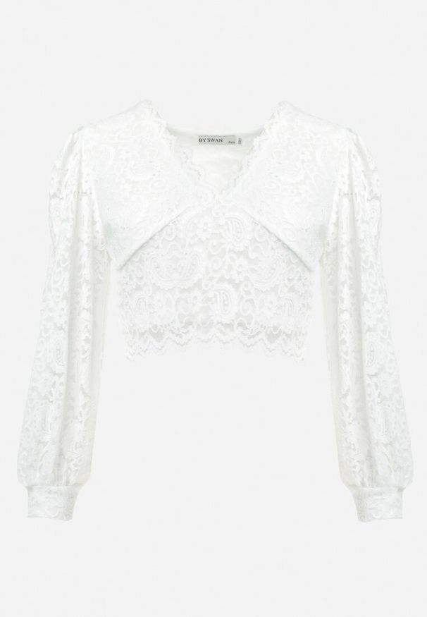 Born2be - Biała Krótka Bluzka Koronkowa z Mantkietami Leerive. Kolor: biały. Materiał: koronka. Długość: krótkie