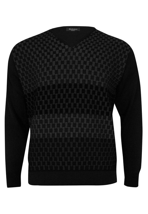 Elkjaer - Sweter Czarny, Tłoczony Wzór Geometryczny, Dekolt w Serek (V-neck) -ELKJAER- Męski SWKNGS25287czarny. Typ kołnierza: dekolt w serek. Kolor: czarny. Materiał: wełna, akryl. Wzór: geometria. Sezon: jesień, zima. Styl: klasyczny
