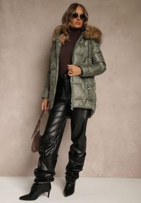 Renee - Zielona Kurtka z Pikowanymi Przeszyciami i Kapturem z Odpinanym Futrem Galenea. Okazja: na co dzień. Kolor: zielony. Materiał: futro. Styl: elegancki, casual #5