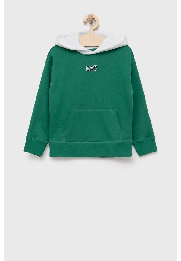 GAP bluza dziecięca kolor zielony z kapturem z aplikacją. Typ kołnierza: kaptur. Kolor: zielony. Materiał: poliester. Wzór: aplikacja
