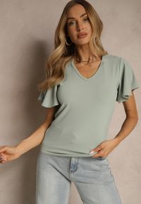 Renee - Zielona Bluzka Ozdobiona Rozkloszowanymi Rękawami Sunetha. Okazja: na co dzień. Typ kołnierza: dekolt w kształcie V. Kolor: zielony. Materiał: jeans. Wzór: aplikacja. Styl: elegancki, casual #2