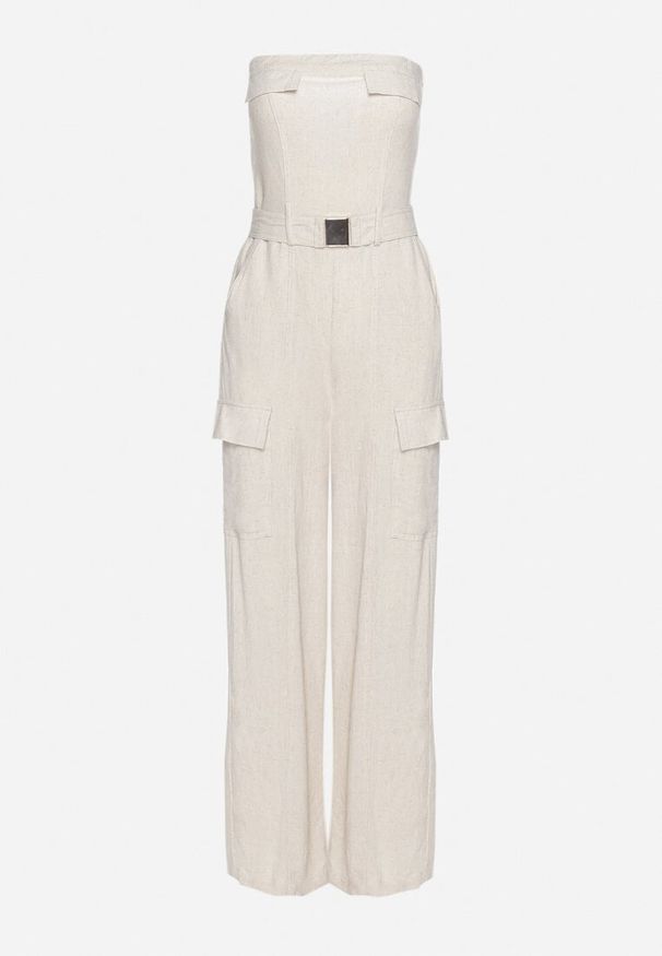 Born2be - Jasnobeżowy Kombinezon Zwężany w Talii Lnem i Wiskozą Qurefia. Okazja: na co dzień. Kolor: beżowy. Materiał: len, wiskoza. Długość: długie. Styl: casual, elegancki