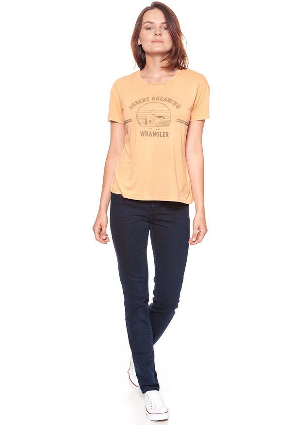 Wrangler - WRANGLER T SHIRT DAMSKI DRAPE TEE APRICOT NECTAR W7016DI65 112130884. Wzór: nadruk. Styl: vintage
