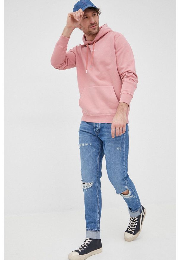 Pepe Jeans bluza bawełniana David męska kolor różowy z kapturem z nadrukiem. Typ kołnierza: kaptur. Kolor: różowy. Materiał: bawełna. Wzór: nadruk