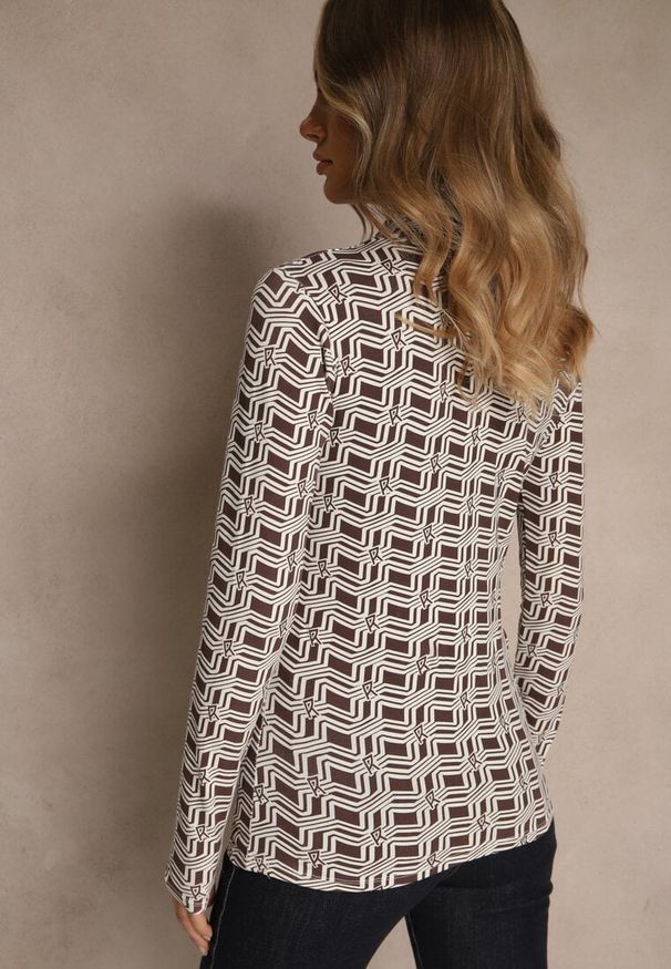 Renee - Biało-Brązowa Bluzka Longsleeve z Golfem z Bawełny w Geometryczny Print Zadanevia. Okazja: na spacer, na co dzień. Typ kołnierza: golf. Kolor: biały. Materiał: bawełna. Długość rękawa: długi rękaw. Wzór: nadruk, geometria. Styl: casual, elegancki