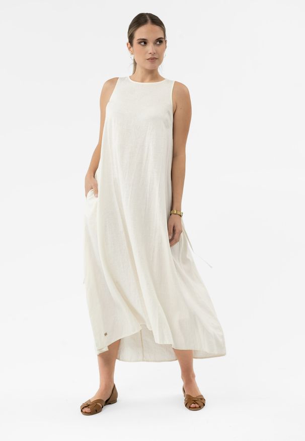 Volcano - Sukienka oversize z lnem G-MAKAYLA. Materiał: len. Długość rękawa: bez rękawów. Wzór: aplikacja. Typ sukienki: oversize. Styl: elegancki