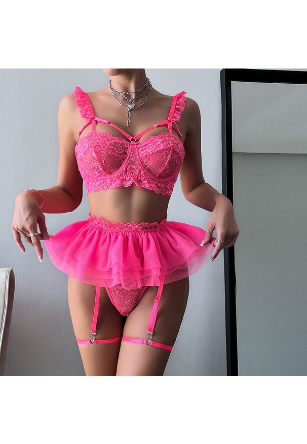 Intica - Komplet bielizny z falbanką i koronką dla kobiet Leontine. Kolor: różowy. Materiał: koronka. Wzór: koronka