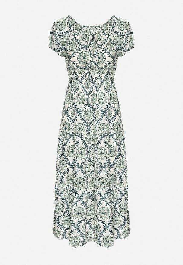 Born2be - Zielona Sukienka z Bawełną i Bufiastymi Rękawami Revilee. Okazja: na spacer, na co dzień. Kolor: zielony. Materiał: bawełna. Wzór: aplikacja. Styl: casual, elegancki