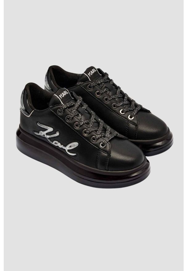 Karl Lagerfeld - KARL LAGERFELD Czarne sneakersy damskie z brokatem KAPRI KUSHION Signia, Rozmiar 39. Kolor: czarny. Wzór: napisy