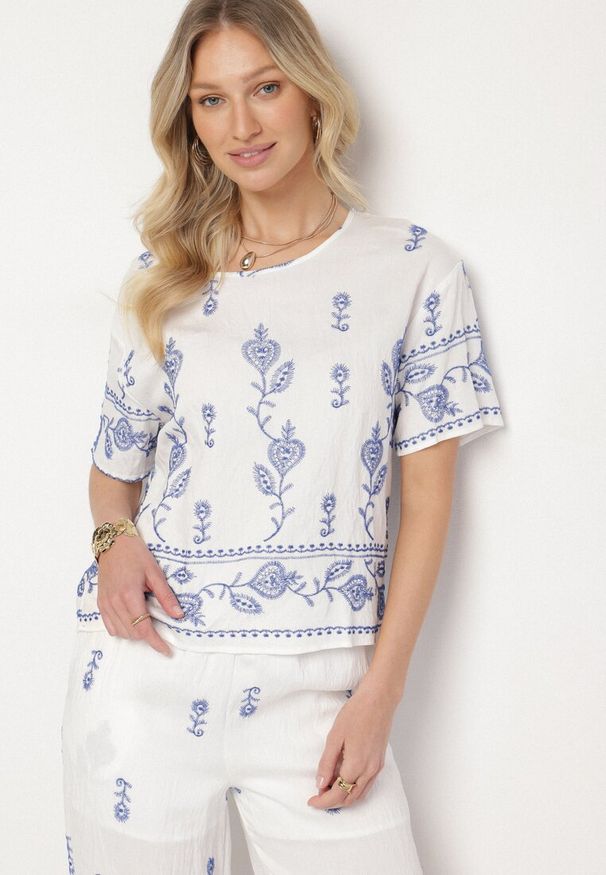 Born2be - Biały Komplet z Wiskozy Zdobiony Haftem T-shirt i Szerokie Spodnie Tezonea. Kolor: biały. Materiał: wiskoza. Wzór: aplikacja, haft