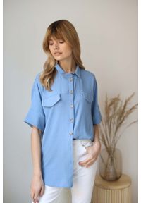Nommo - Koszulowa Bluzka Oversize z Rękawem do Łokcia - Niebieska. Kolor: niebieski. Materiał: poliester #1