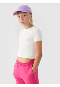 4f - 4F T-shirt gładki dziewczęcy - biały 134 (8-9 lat). Okazja: na co dzień. Kolor: biały. Materiał: dzianina, materiał, bawełna. Długość rękawa: krótki rękaw. Długość: krótkie. Wzór: gładki. Sezon: lato. Styl: klasyczny, sportowy, casual