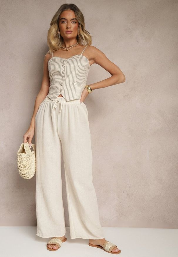 Renee - Jasnobeżowe Spodnie o Szerokim Kroju High Waist Edilisea. Okazja: do pracy, na spotkanie biznesowe, na co dzień. Stan: podwyższony. Kolor: beżowy. Styl: casual, elegancki, biznesowy