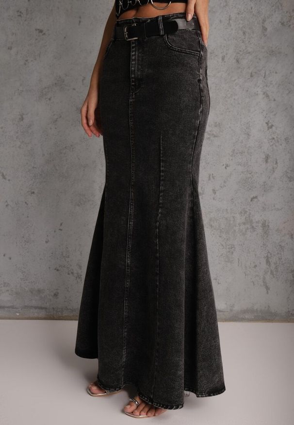 Renee - Czarna Spódnica Syrenka z Bawełny Jeansowa High Waist z Paskiem Appala. Okazja: na co dzień. Stan: podwyższony. Kolor: czarny. Materiał: bawełna, jeans. Styl: casual, elegancki