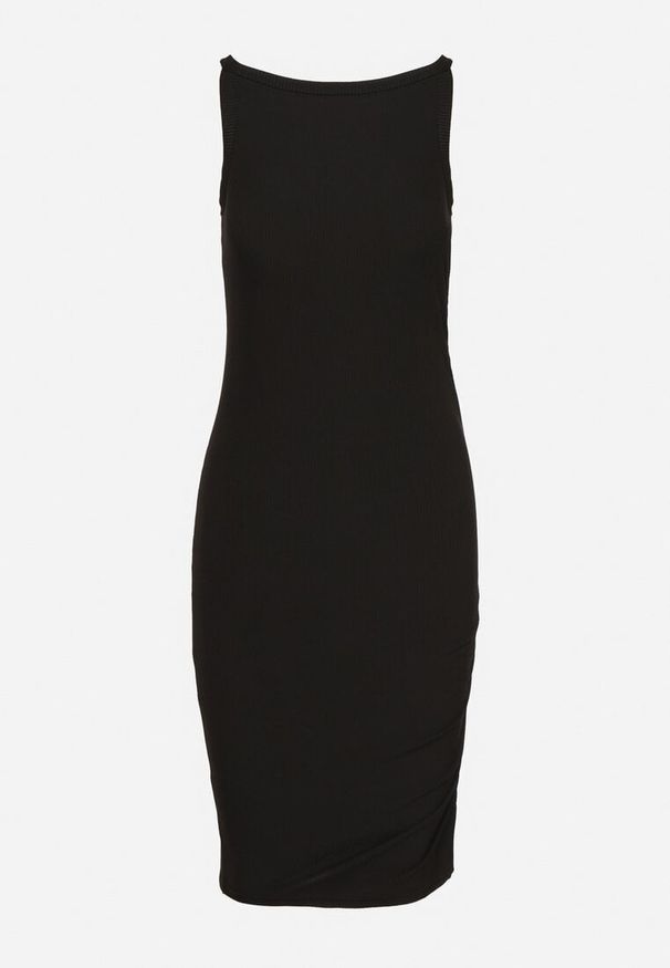 Born2be - Czarna Prążkowana Sukienka z Marszczeniami Ursola. Okazja: na co dzień. Kolor: czarny. Materiał: prążkowany. Wzór: prążki. Styl: elegancki, casual