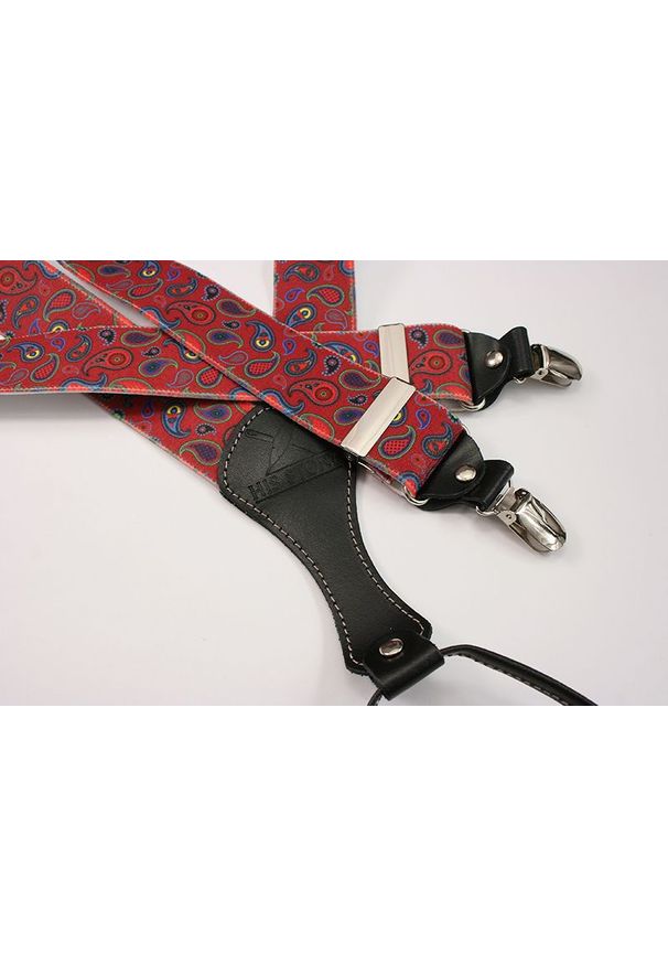 His Story - Szerokie Czerwone Szelki Męskie, Skóra Naturalna -HIS STORY- Stylowe, w Kolorowy Wzór Paisley, Łezki. Kolor: czerwony, wielokolorowy. Materiał: guma, skóra. Wzór: paisley, kolorowy