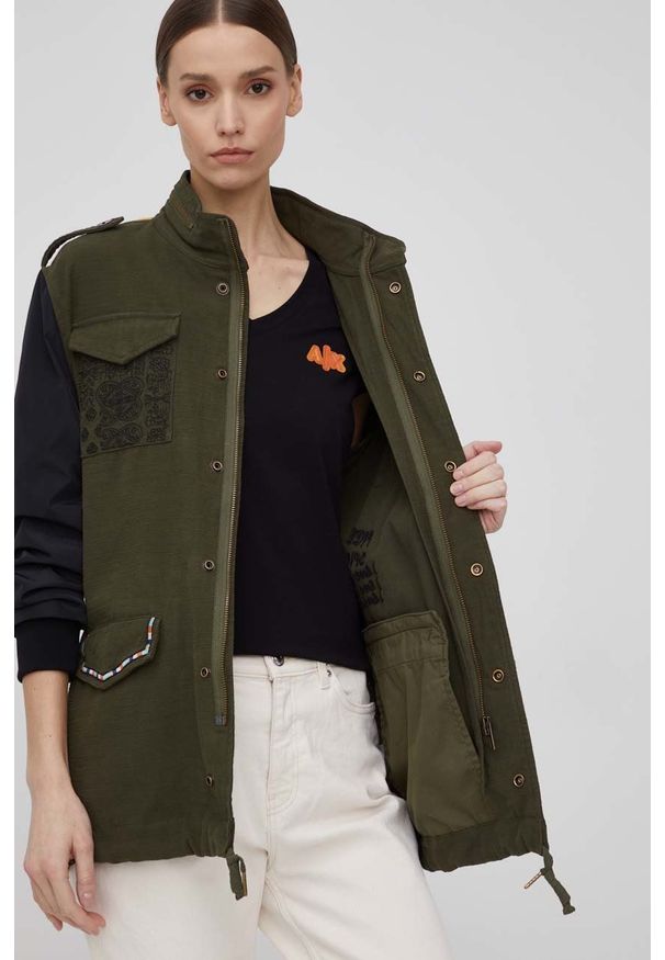 Desigual kurtka damska kolor zielony przejściowa. Okazja: na co dzień. Kolor: zielony. Styl: casual