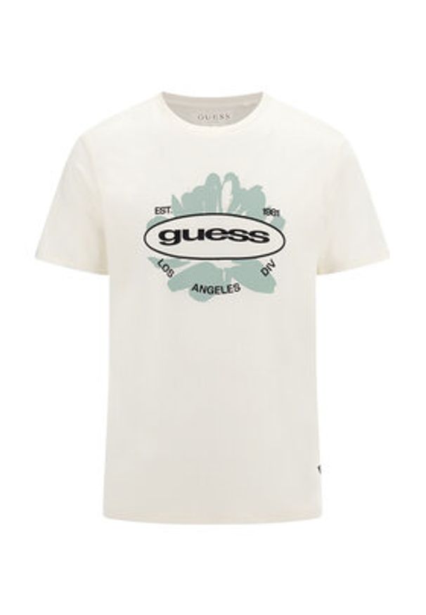 Guess T-Shirt Logo M3GI61 K9RM1 Écru Slim Fit. Materiał: bawełna