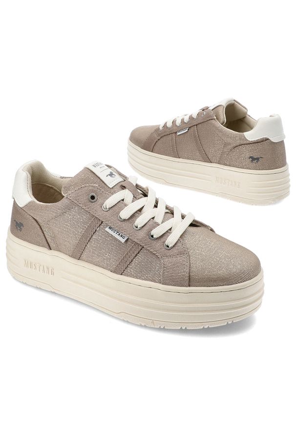 Złote Sneakersy Mustang Sportowe Obuwie Damskie. Okazja: na spacer. Kolor: złoty. Materiał: materiał. Sezon: lato. Sport: turystyka piesza
