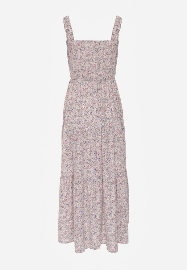 Renee - Jasnobeżowa Rozkloszowana Sukienka w Kwiaty na Ramiączkach Malaisia. Okazja: na spacer. Kolor: beżowy. Długość rękawa: na ramiączkach. Wzór: kwiaty. Sezon: wiosna, lato. Styl: elegancki