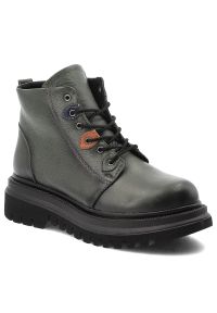 Zielone Botki Artiker Skórzane Obuwie Damskie. Zapięcie: sznurówki. Kolor: zielony. Materiał: skóra. Wzór: kolorowy. Sezon: zima, jesień. Styl: klasyczny #1