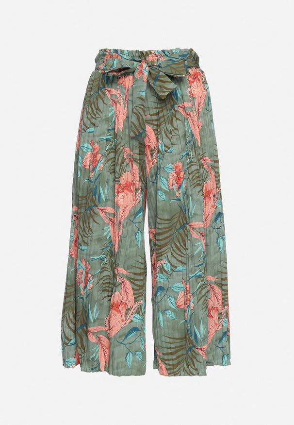 Born2be - Zielono-Różowe Szerokie Spodnie z Wysokim Stanem z Gumką i Materiałowym Paskiem w Talii Asrefia. Okazja: na co dzień. Stan: podwyższony. Kolor: zielony. Materiał: materiał. Sezon: lato. Styl: casual